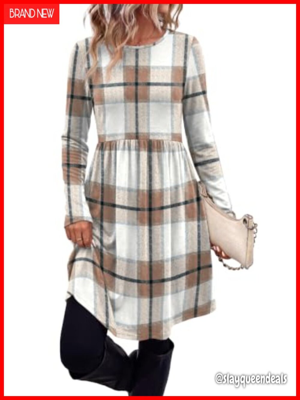 Womens Long Sleeve Knee Length Babydoll Sweater Dress with Pockets